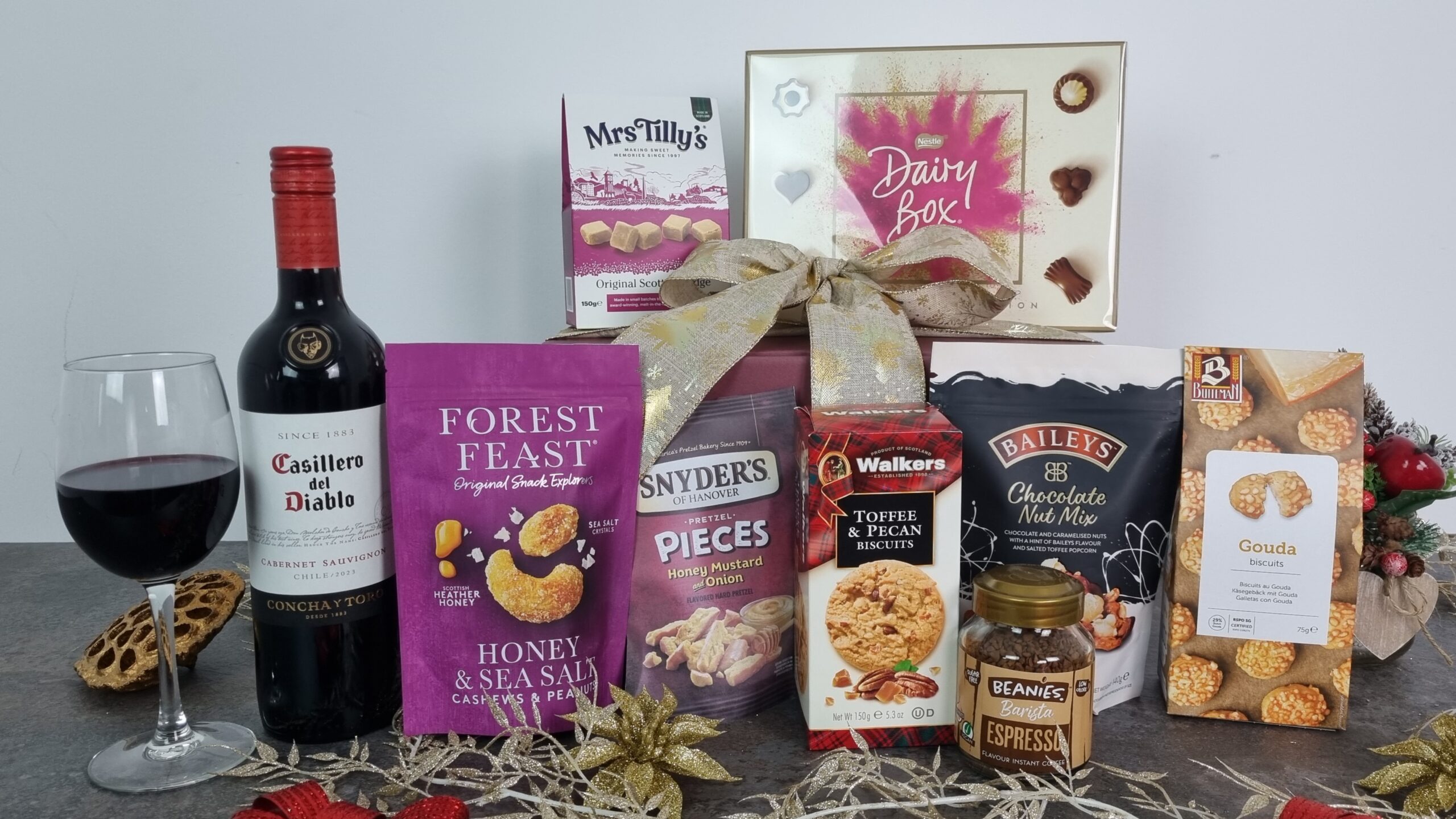 Gourmet Delights Gift Box with Red Wine